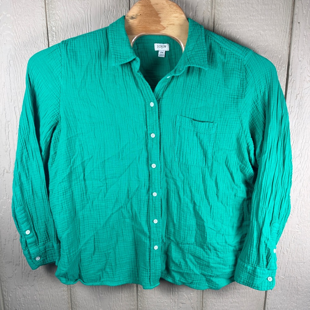 J.Crew Button Up Size 2X Kelly Green Double Gauze Cotton Long Sleeve Shirt BY043